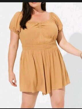 Torrid Rayon Slub Smocked Waist Camel Brown Romper